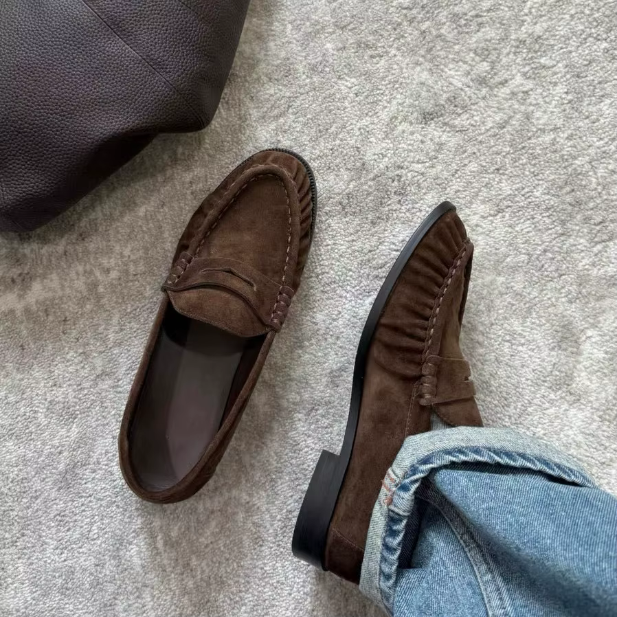 Mocassins plats pour femmes à bout rond style britannique, en daim, à talon bas, confortables, pour 