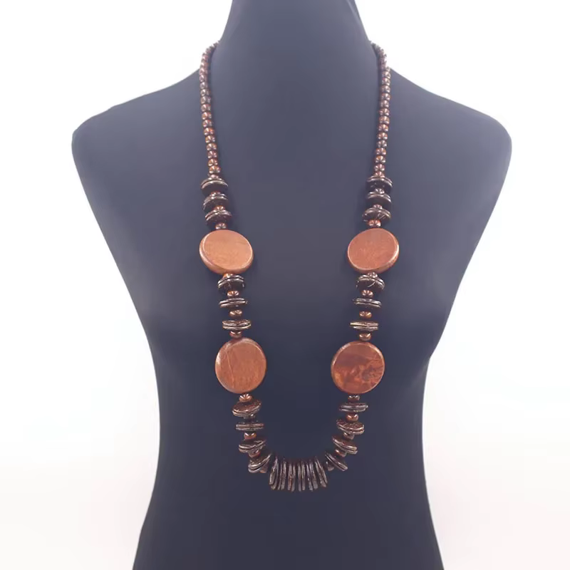 Collier long de style bohème pour femmes, perles en bois faites à la main, bijoux géométriques ronds
