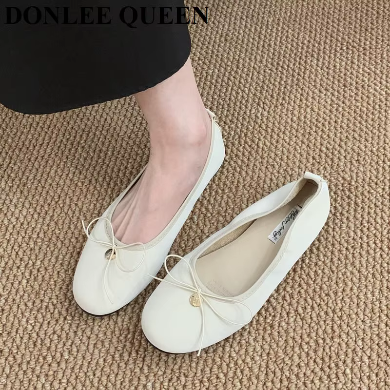 2025 nouvelle mode femmes appartements Ballet bout rond nœud papillon sans lacet ballerines chaussur