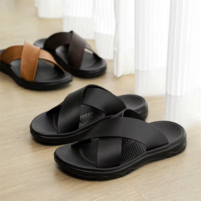 Nouvelles pantoufles en cuir pour hommes, sandales décontractées à bout ouvert, antidérapantes, pour