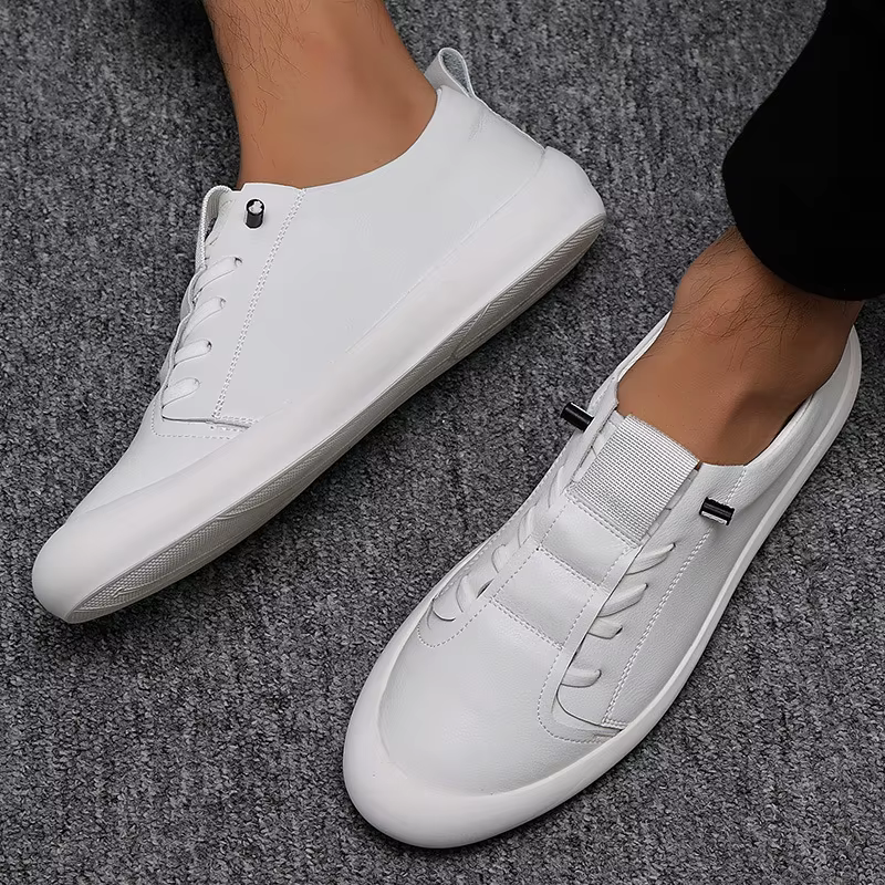 Baskets en cuir blanc pour hommes, chaussures de course en plein air, décontractées, plates, à enfil
