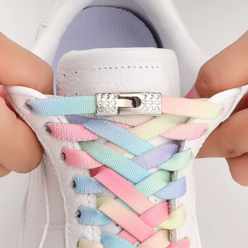 Lacets plats élastiques arc-en-ciel avec serrure croisée en diamant baskets sans cravates enfants et