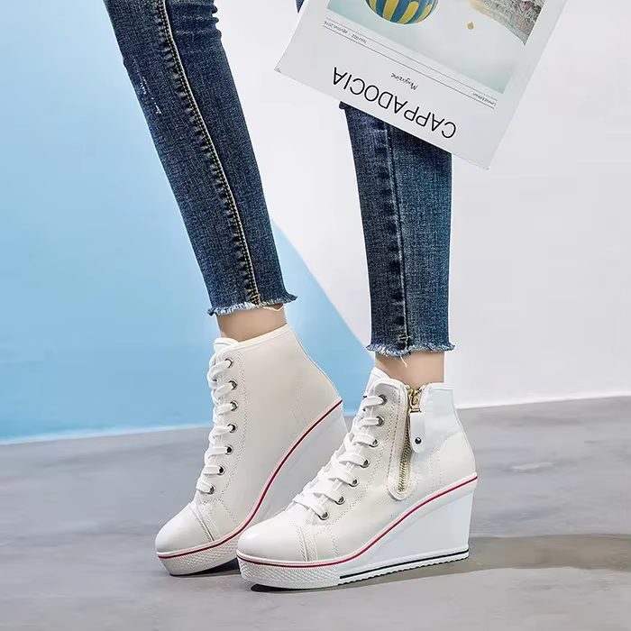 Baskets compensées à plateforme à lacets pour femmes, chaussures en toile à talon invisible, fermetu