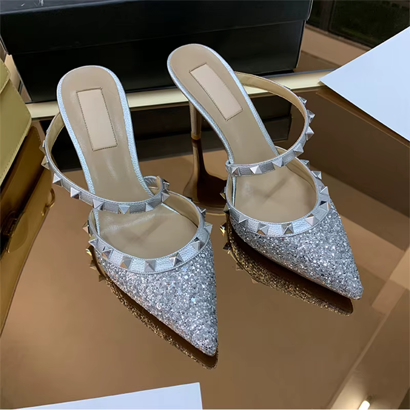 Sandales à talons d'été marque de luxe Rivets Slingbacks pantoufles mode bout pointu en cuir talons
