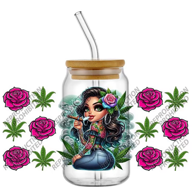 Autocollants UV DTF Chicano Girl pour gobelets en verre Libby de 16 oz, autocollants Rose Tattoo Gir