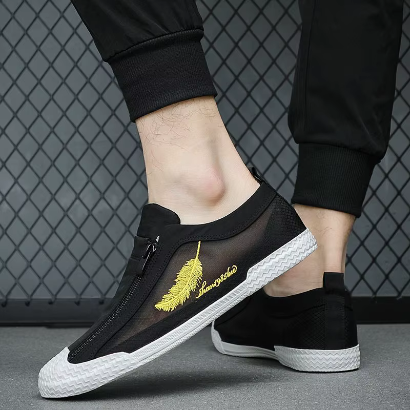 Mocassins plats en toile à double fermeture éclair pour hommes, chaussures canisées pour écoliers, b