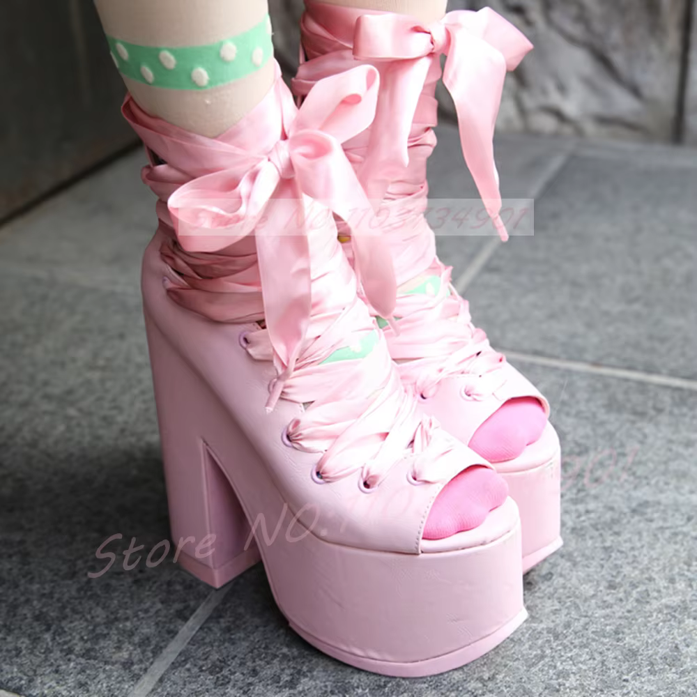 Bottes sandales Y2K rose à plateforme et bout ouvert pour femme, avec lacets en ruban, talons épais 