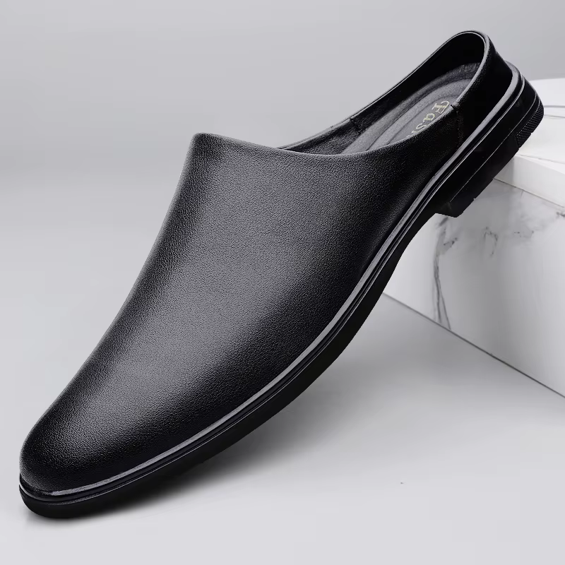 Demi-chaussures en cuir blanc pour hommes, Mules noires, mocassins dos nu, pantoufles semi-traînées,