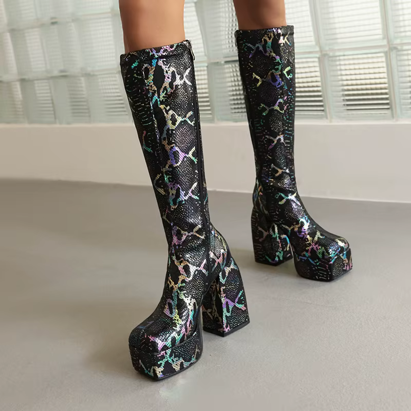 Bottes hautes au genou avec fermeture éclair latérale pour femme, talon optique super haut, imprimé 