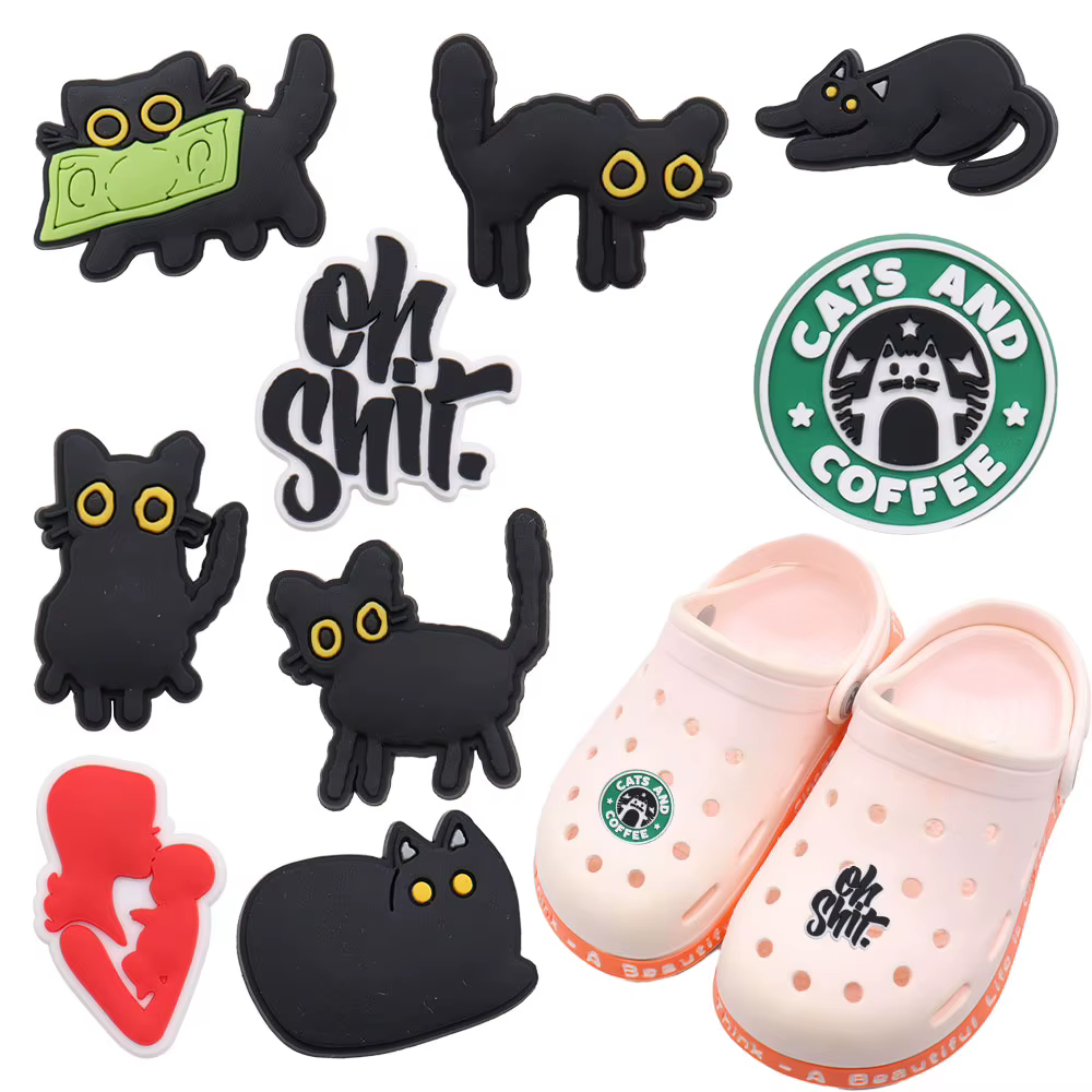 AdTosBlack Chats Chaussures Breloques pour Enfants, Animaux en PVC, Décorations DIY, Cadeau d'Annive