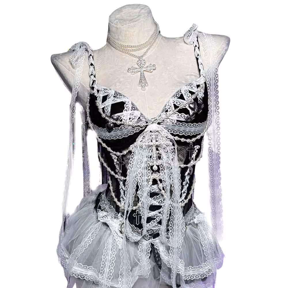 Robe Gothique Rouge pour Femme Y2K Rave Cyber Punk Rock Star Goth Croix Dentelle Scène Emo ALT Grung