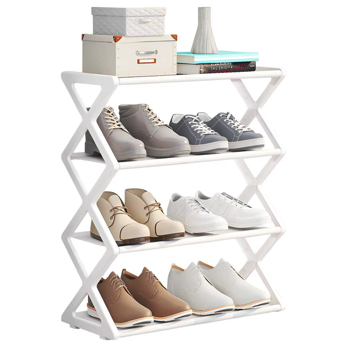 Étagère à chaussures robuste en forme de X - Gain de place, facile à assembler, structure métallique