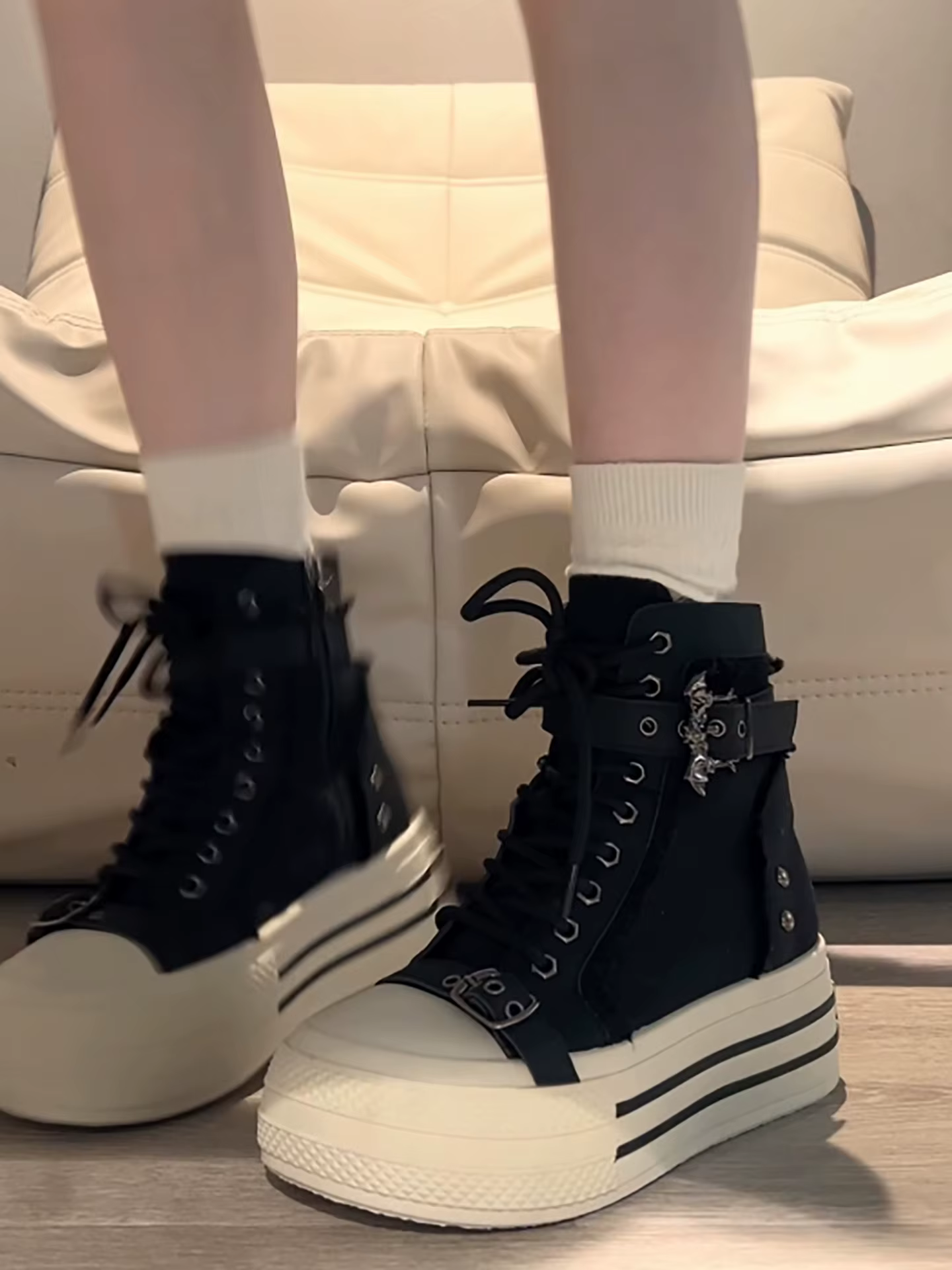 2025 Chaussures montantes rétro noires en toile pour femmes – Baskets à plateforme épaisse pour une