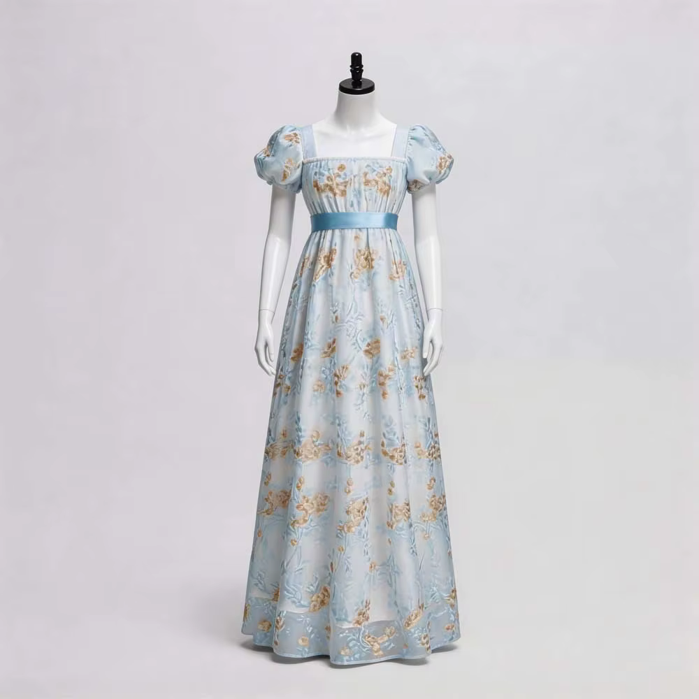 Robe impériale vintage de style européen avec encolure carrée, manches bouffantes, robe longue de co