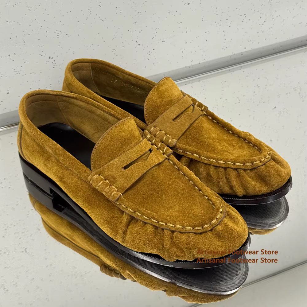 Mocassins en daim marron style vintage, chaussures décontractées en cuir marron, chaussures tendance