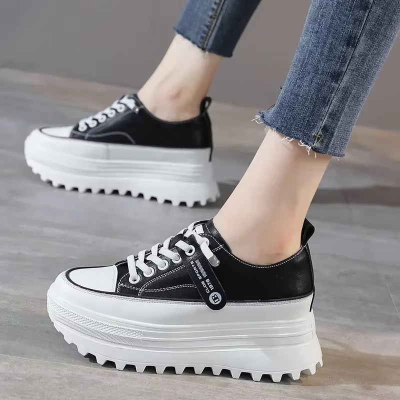 Fujin-Chaussures compensées à plateforme en cuir véritable, grosses chaussures blanches décontractée