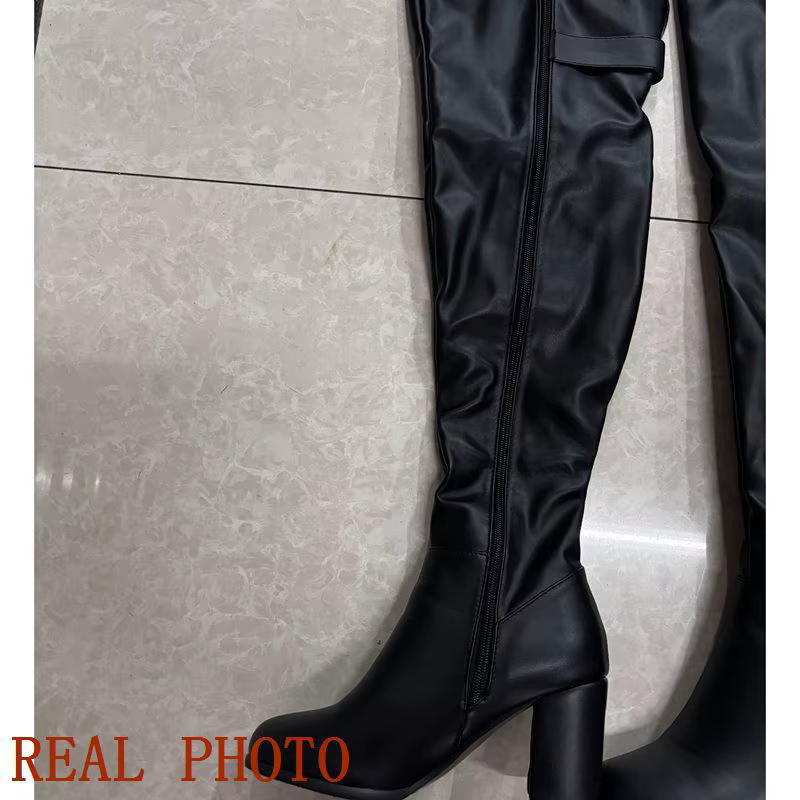 Girseaby Sexy dames mi bloc talon sur genou bottes en cuir PU grande taille 52 fête chaud hiver pelu