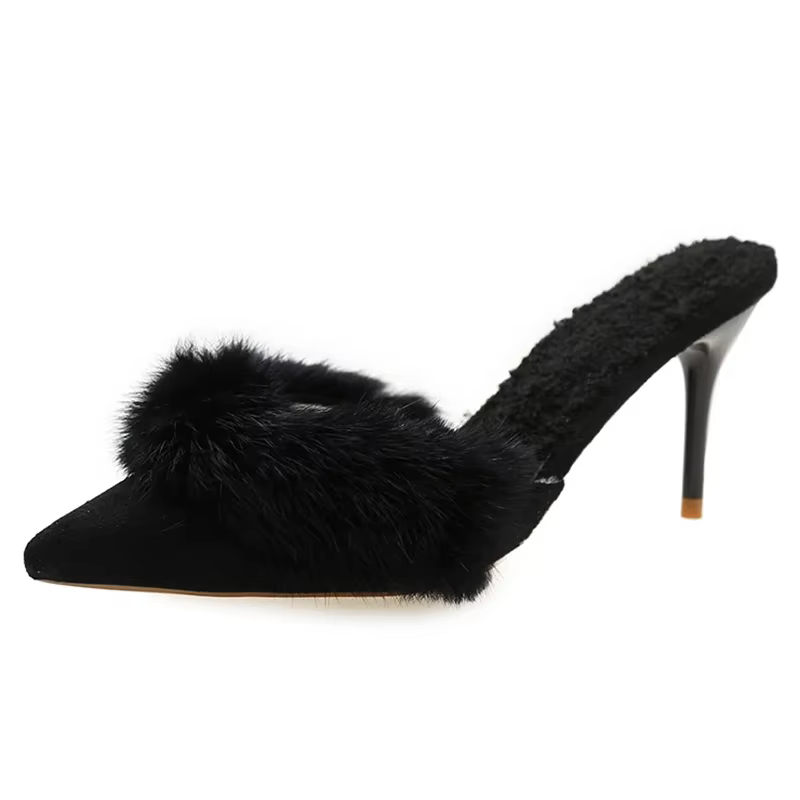 Mules en fausse fourrure pour femmes, pantoufles à bout pointu, sandales à talons fins, courtes, dou