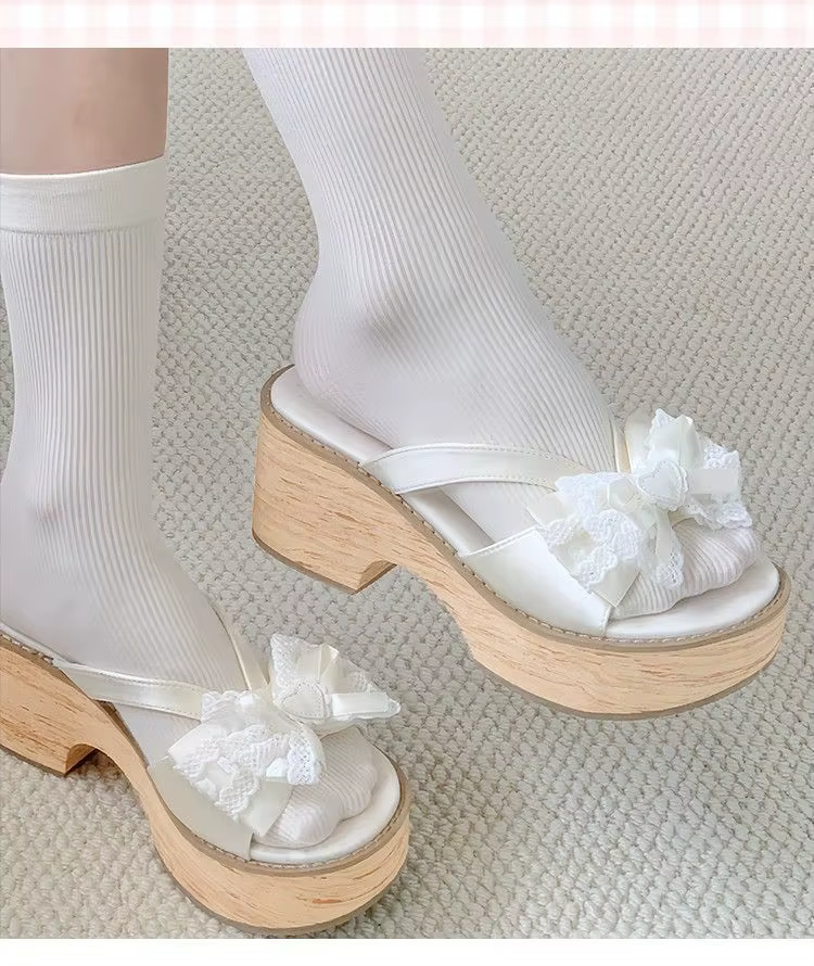 Lolita – sandales japonaises à plateforme rehaussante, sabots avec nœud Kawaii, chaussures pour fill