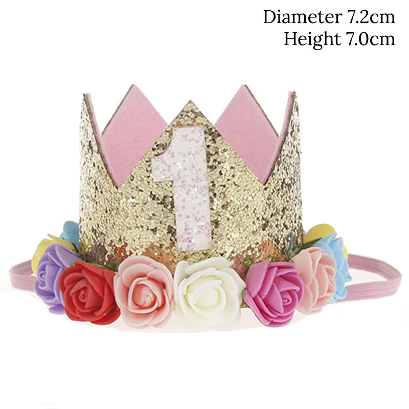 Décoration d'anniversaire pour bébé fille de 1, 2 ou 3 ans, chapeau couronne, fleur rose et blanche,
