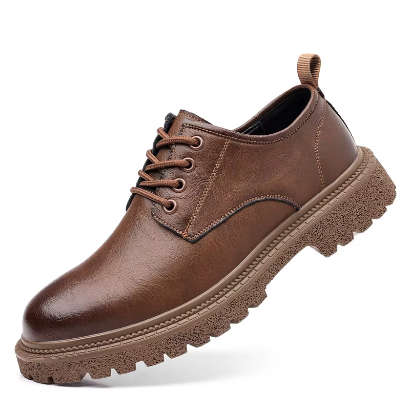 Bottes de travail en cuir marron pour hommes, chaussures à lacets avec semelle épaisse, chaussures d