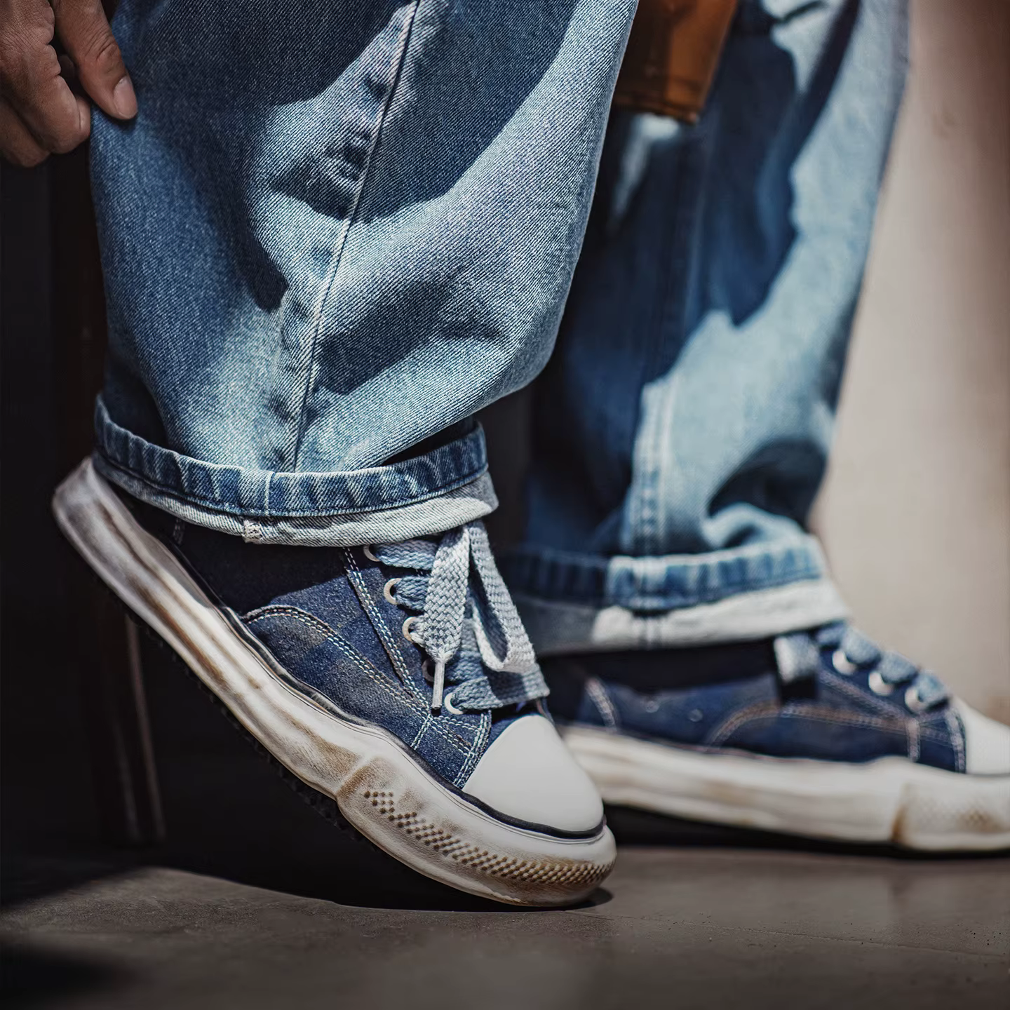 Baskets basses Maden pour hommes, style rétro américain, en toile denim délavée, avec semelle épaiss