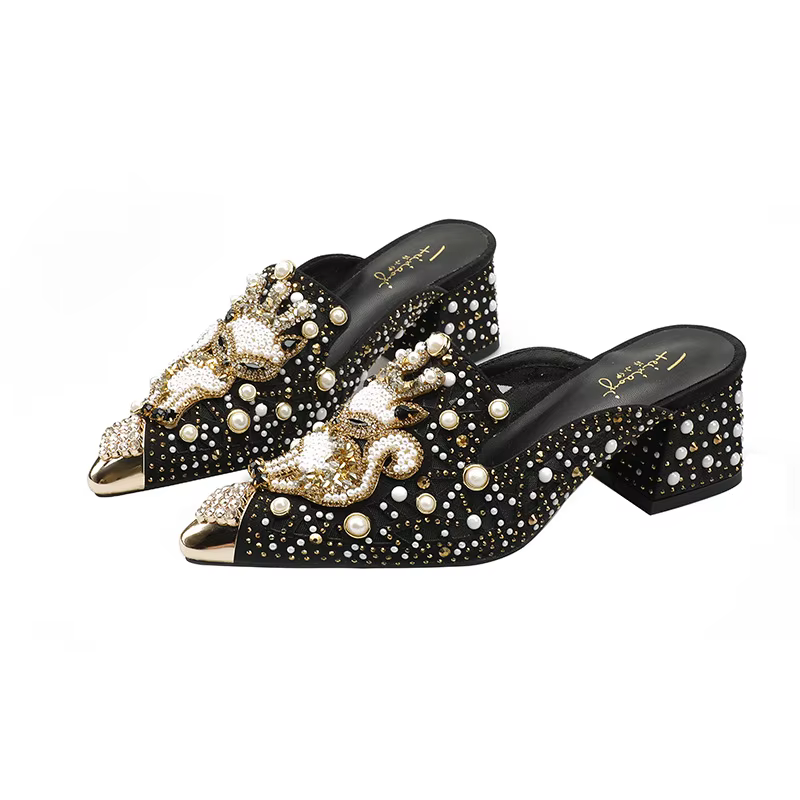 Chaussures d'été européennes pour femmes, sandales de luxe ajourées avec perles et strass, pantoufle