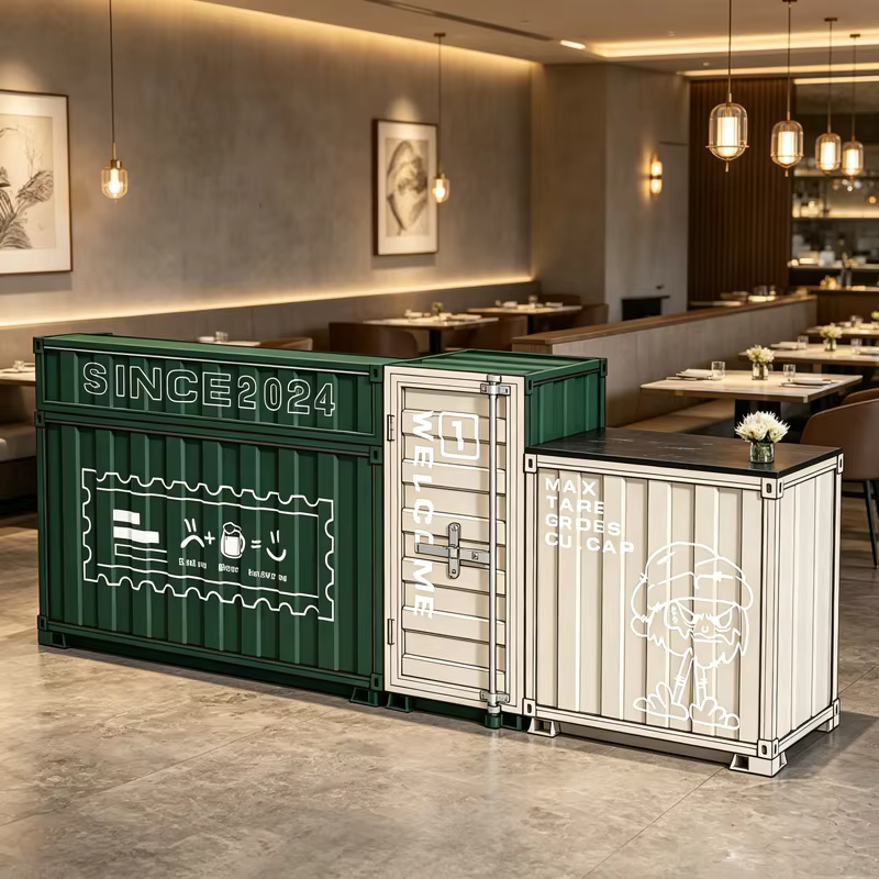 Comptoir de bar de style industriel avec fer forgé vintage, coin de conteneur de type gym pour caiss