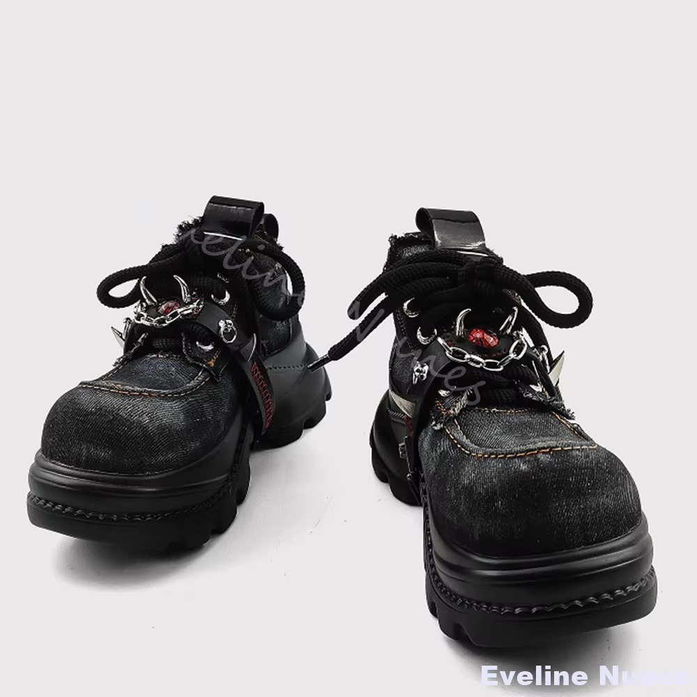 Evil Eye Punk Denim chaussures femmes décoration en métal bout rond plate-forme croix liée chaussure