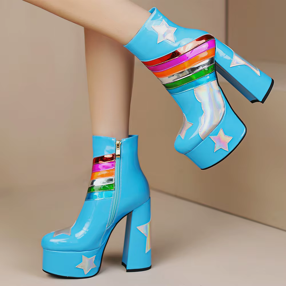【JOCHEBED HU】 bottes courtes arc-en-ciel à plateforme très haute pour femmes ciel nuages fond épais 