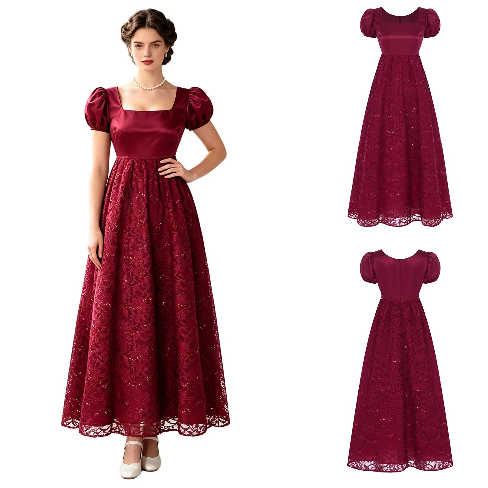 Robe Victorienne Longue Vintage pour Femme, Taille Empire, Col Carré, Dentelle Pailletée, Robe de So
