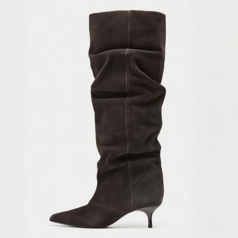 Hiver plissé daim genou bottes hautes femmes rétro marron bout pointu chaton talons bottes concepteu