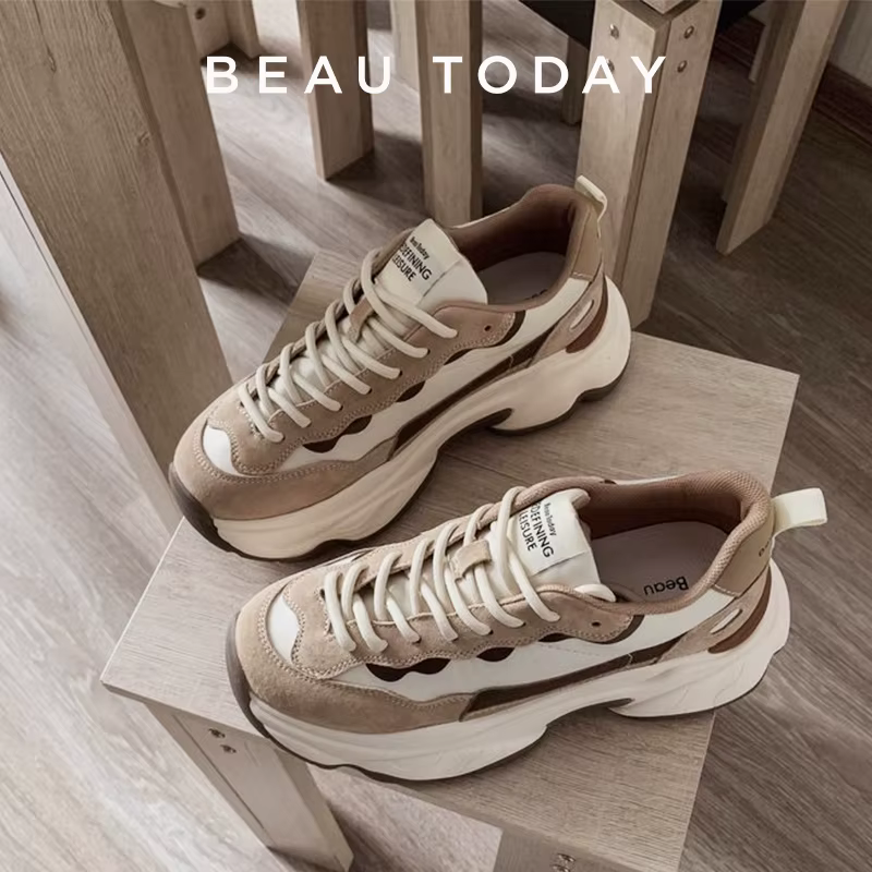 BeauToday-Baskets à Plateforme en Cuir Suédé pour Femme, Tissu Patchwork, Parker Rond, Document Mixt