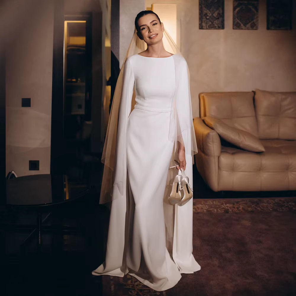 Robes de mariée musulmanes, hijab, manches cape, coupe droite, robe de mariée modeste, vestidos de n
