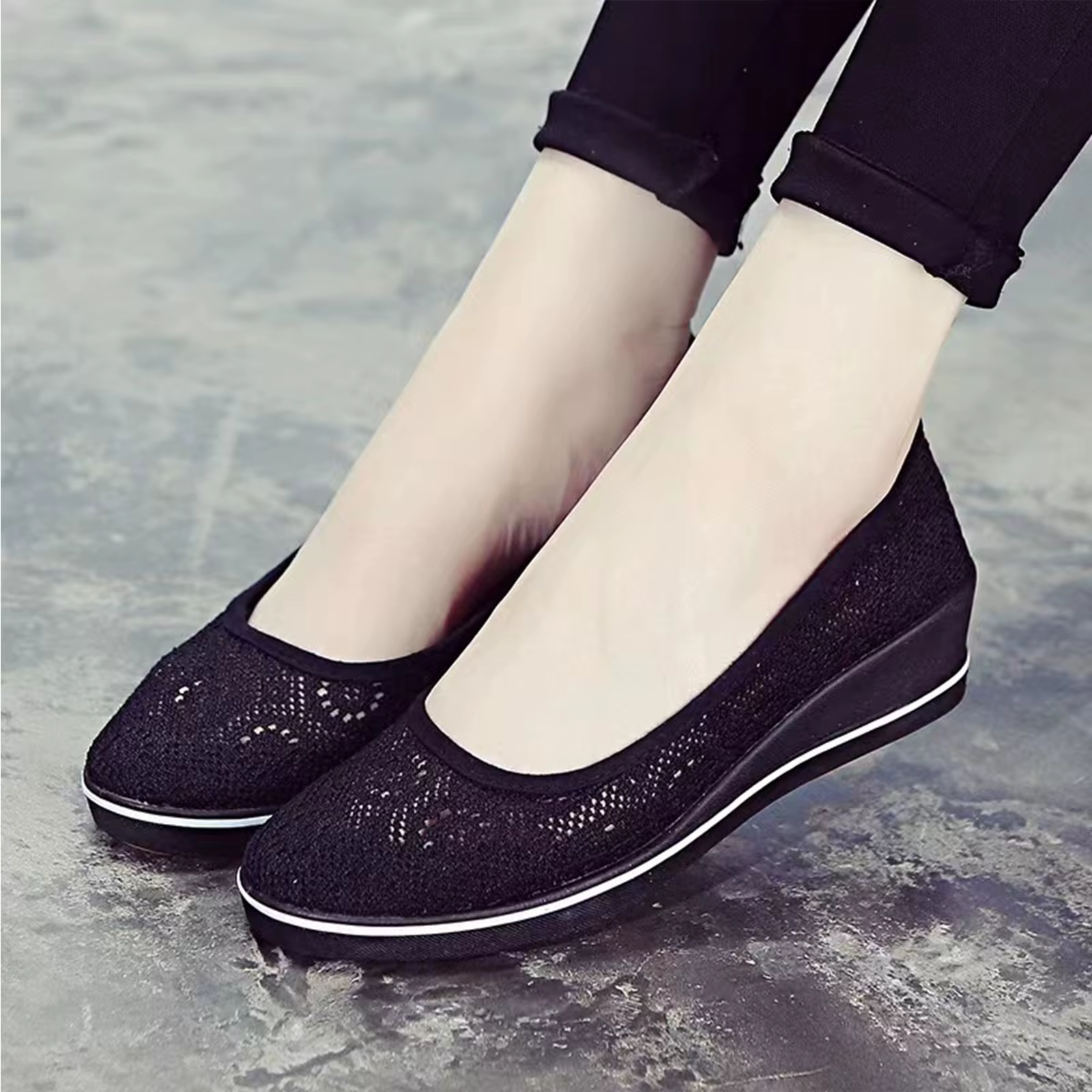Chaussures en Maille Blanche à Talon Compensé pour Femme, Confortables, Ajourées, Respirantes, Assor