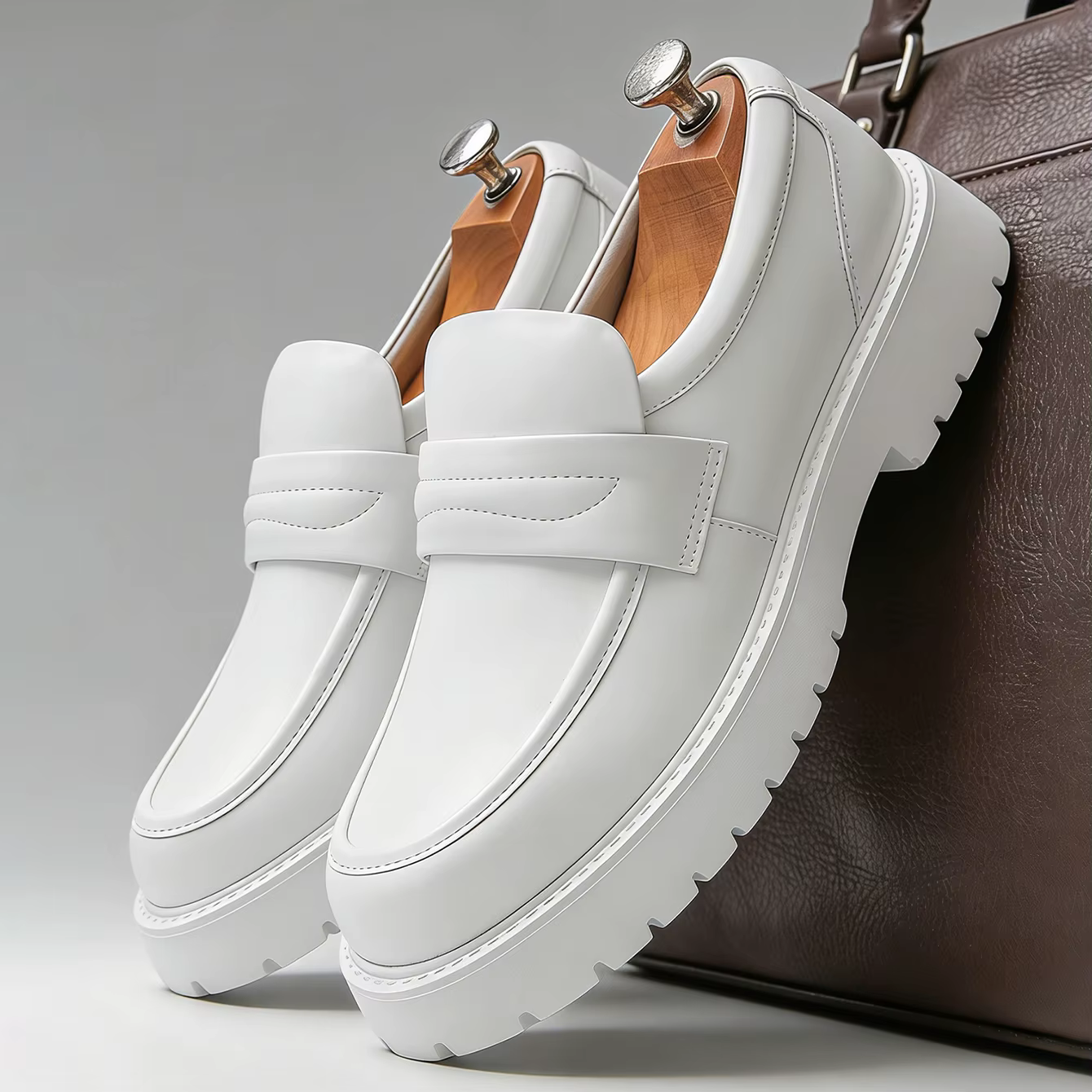 Mocassins Penny Classiques à Semelle Épaisse pour Hommes – Chaussures Habillées Blanches Formelles p