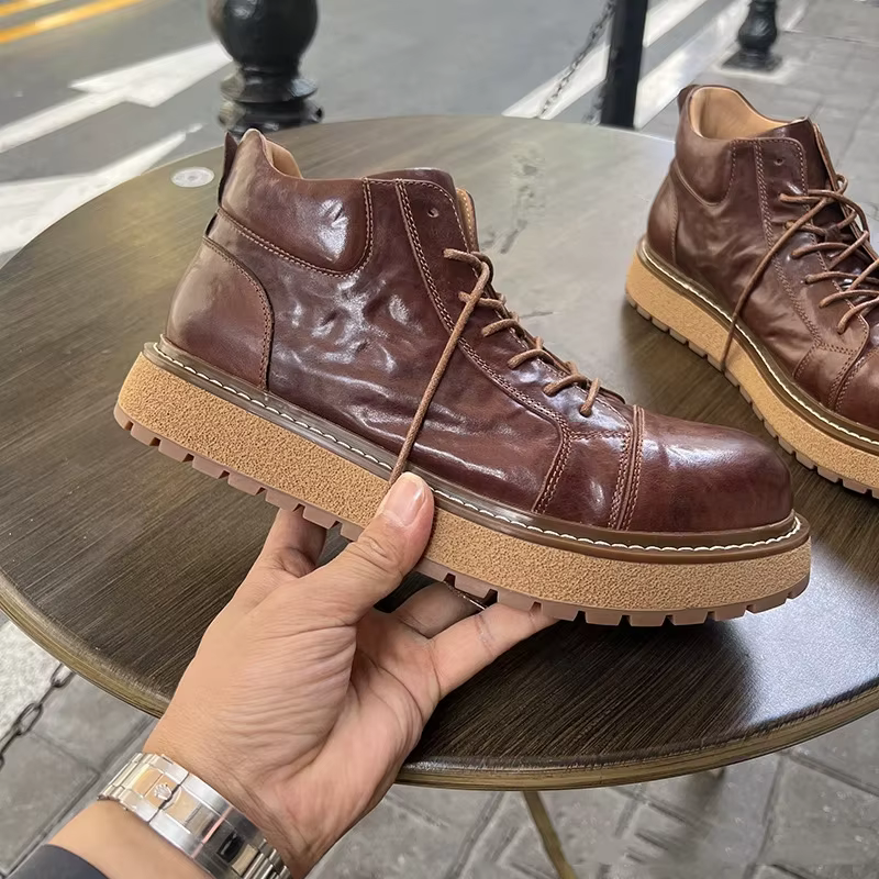 YETTIES – bottes de Combat en cuir véritable pour hommes, bottes de travail à semelle épaisse mi-mol