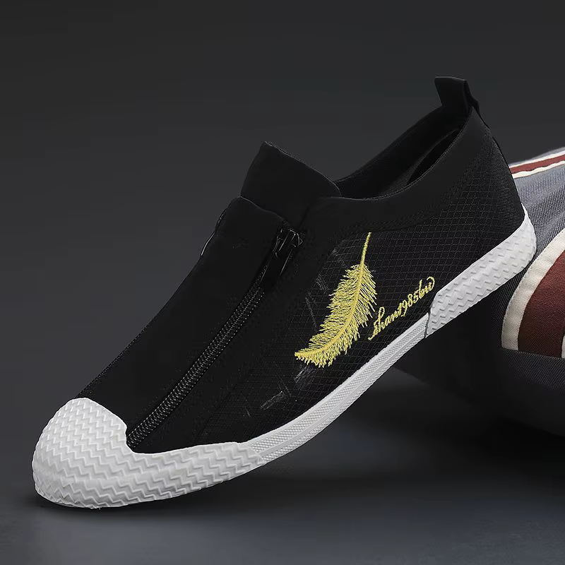 Mocassins plats en toile à double fermeture éclair pour hommes, chaussures canisées pour écoliers, b