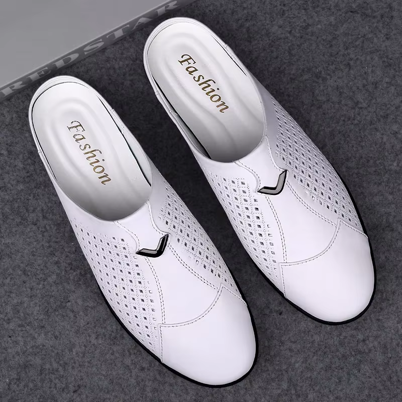 Mocassins d'été en cuir pour hommes, chaussures de conduite, mules, tennis, blanc, 2024
