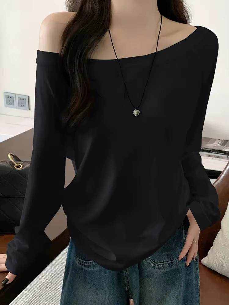 T-shirt oversize à épaules dénudées et manches longues pour femme, couleur unie, hauts décontractés,