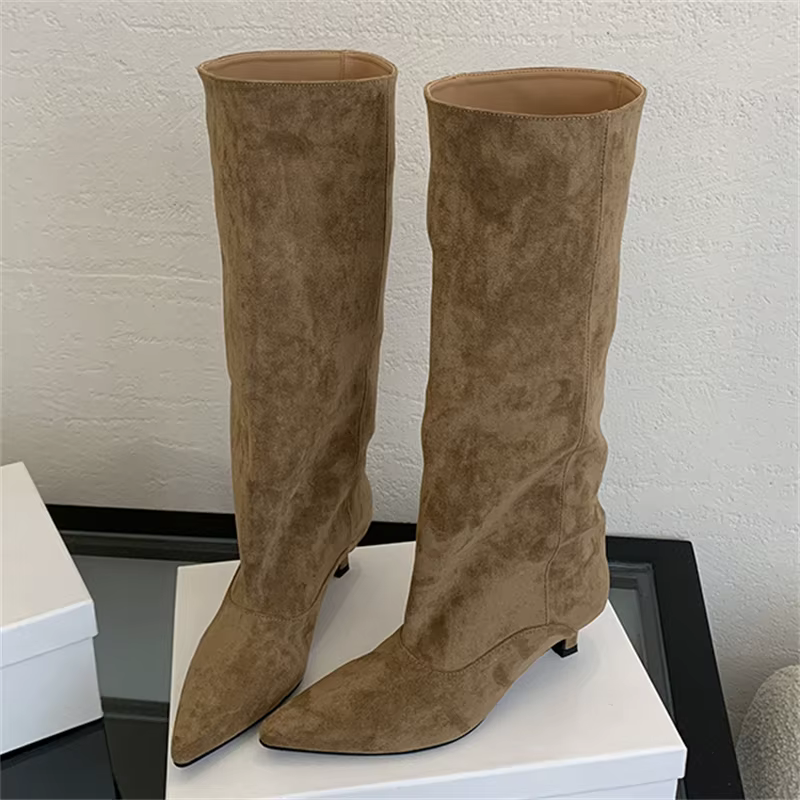 Automne hiver Style De rue bout pointu bottes hautes femmes talons bas chaussures femme chaussons lo