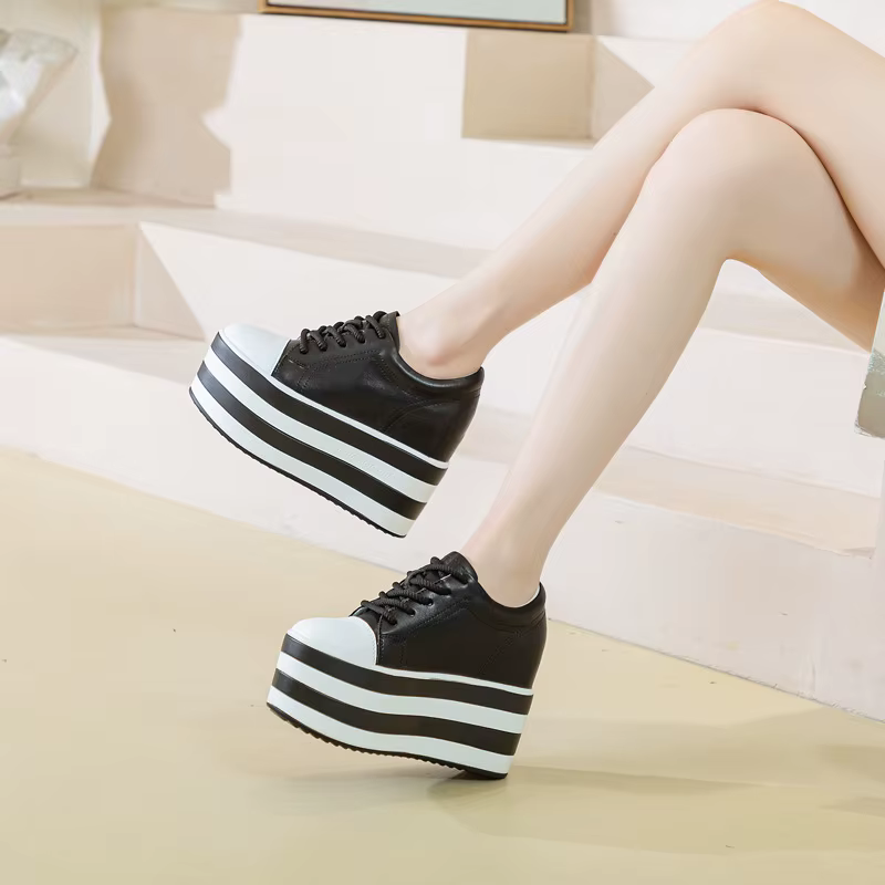 Baskets épaisses à semelle compensée en cuir véritable de 12cm, talons cachés, décontractées, respir