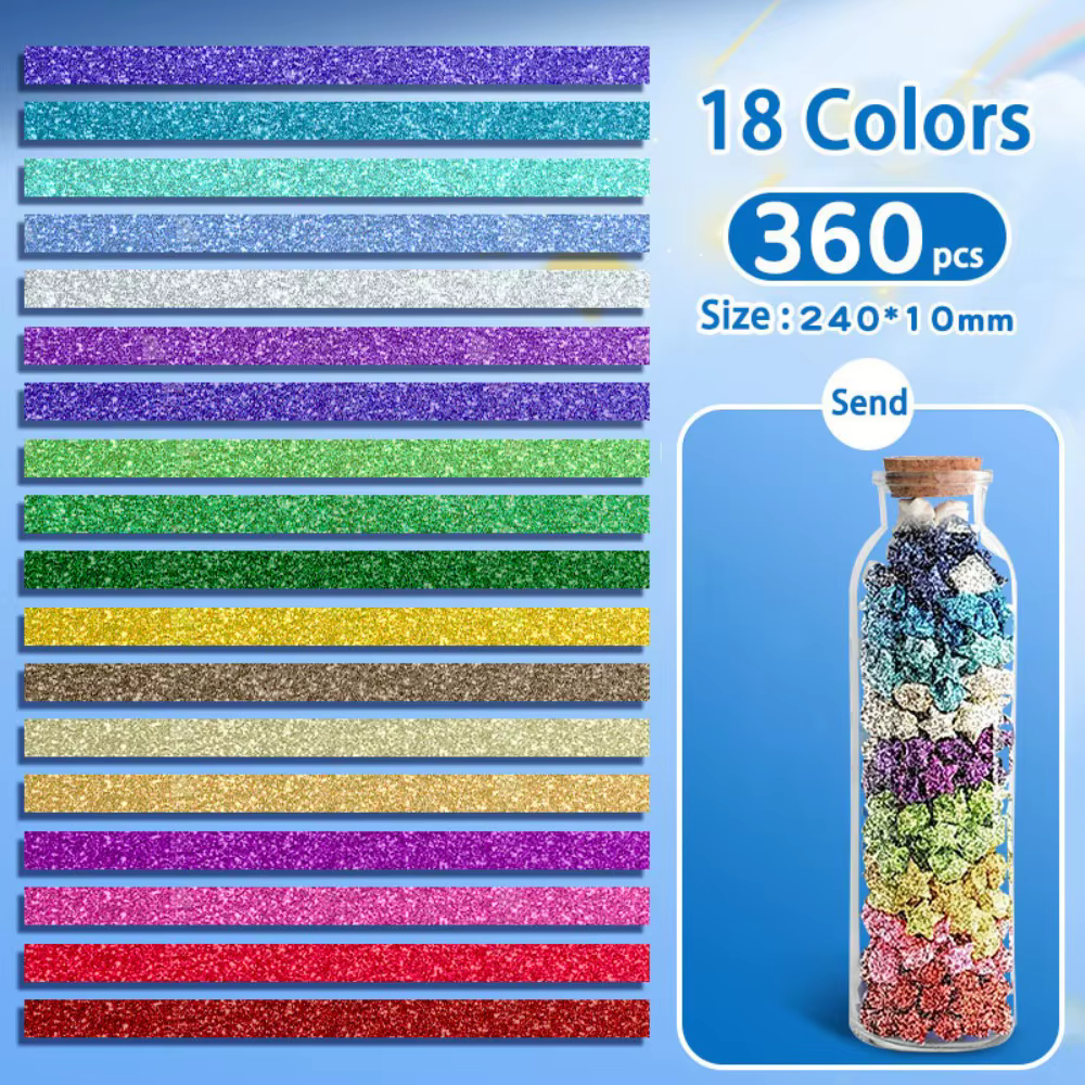 Bouteille en verre, étoiles en origami scintillantes, bandes de papier, étoile en papier, étoile por
