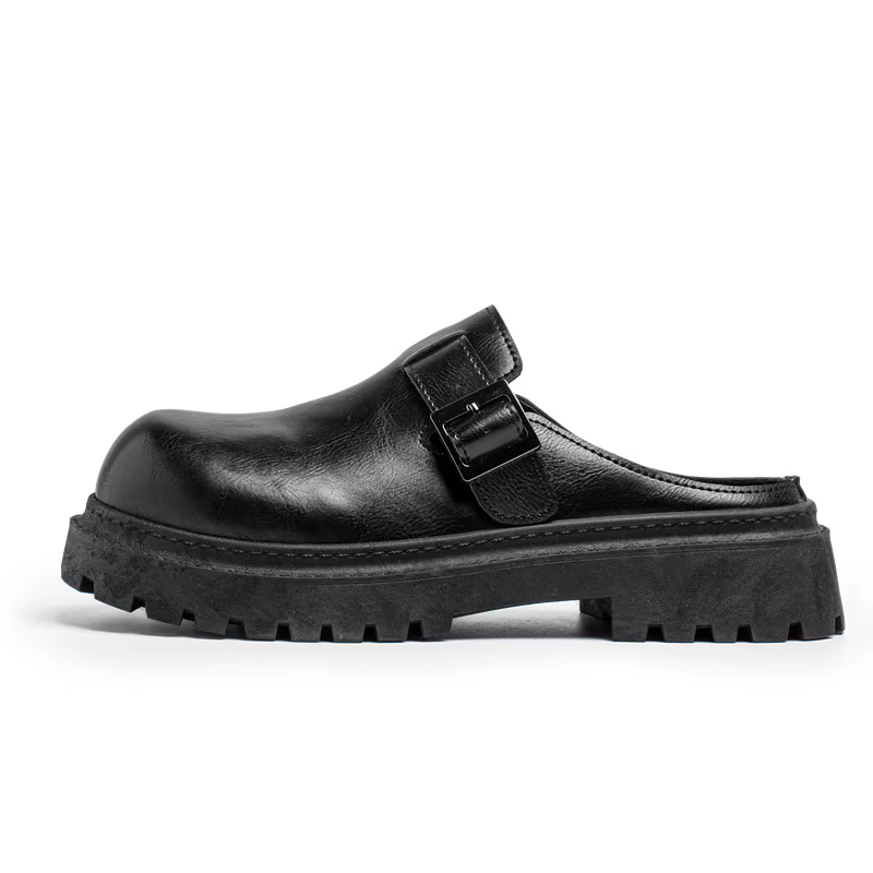 Mules à fond épais pour hommes, demi-chaussures à plateforme en cuir, chaussures décontractées semi-