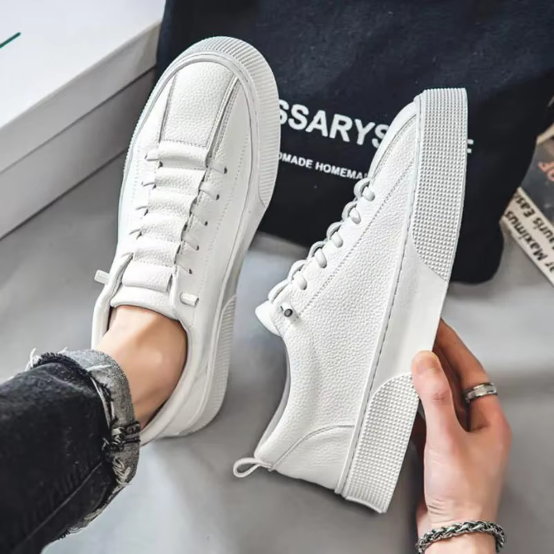 Baskets blanches pour hommes, chaussures de course décontractées à lacets, bout rond, plates, Zapati