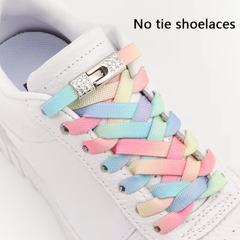Lacets plats élastiques arc-en-ciel avec serrure croisée en diamant baskets sans cravates enfants et