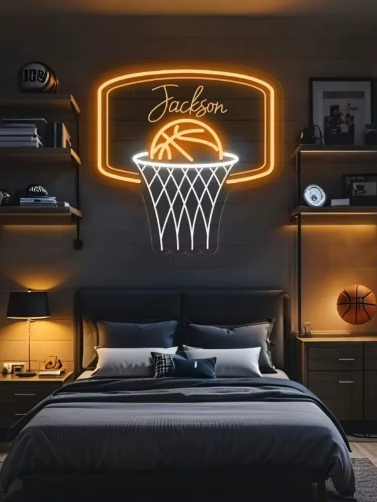 Enseigne au néon de basket-ball personnalisée pour le nom des enfants, décoration murale de maison p
