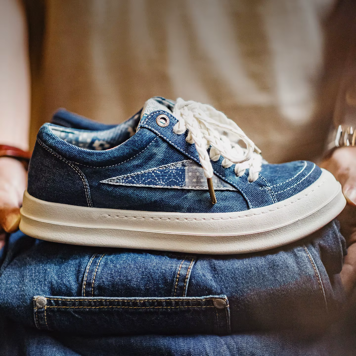 Chaussures de skate en toile tie-dye style Boro pour hommes Maden, baskets vintage à semelle épaisse