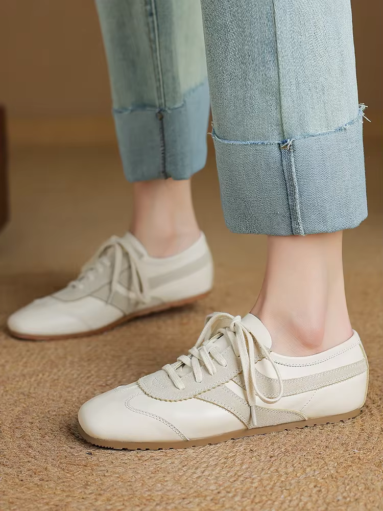 Baskets plates à lacets pour femmes, chaussures plates patchwork, Parker rond décontracté, blanc, ma