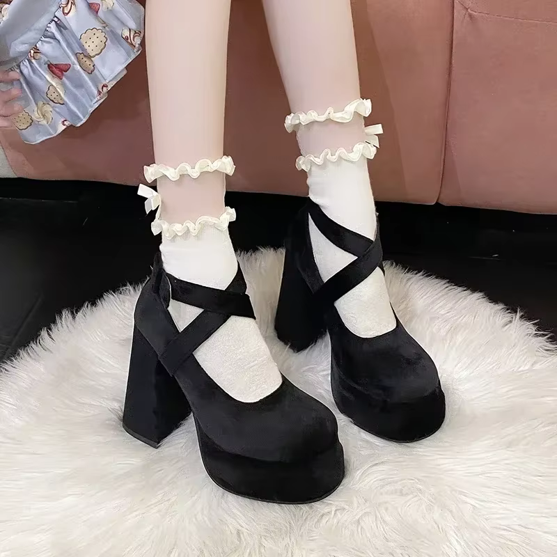 Plate-forme Mary Janes chaussures femmes daim luxe talon haut à lacets tendance Lolita chaussures él